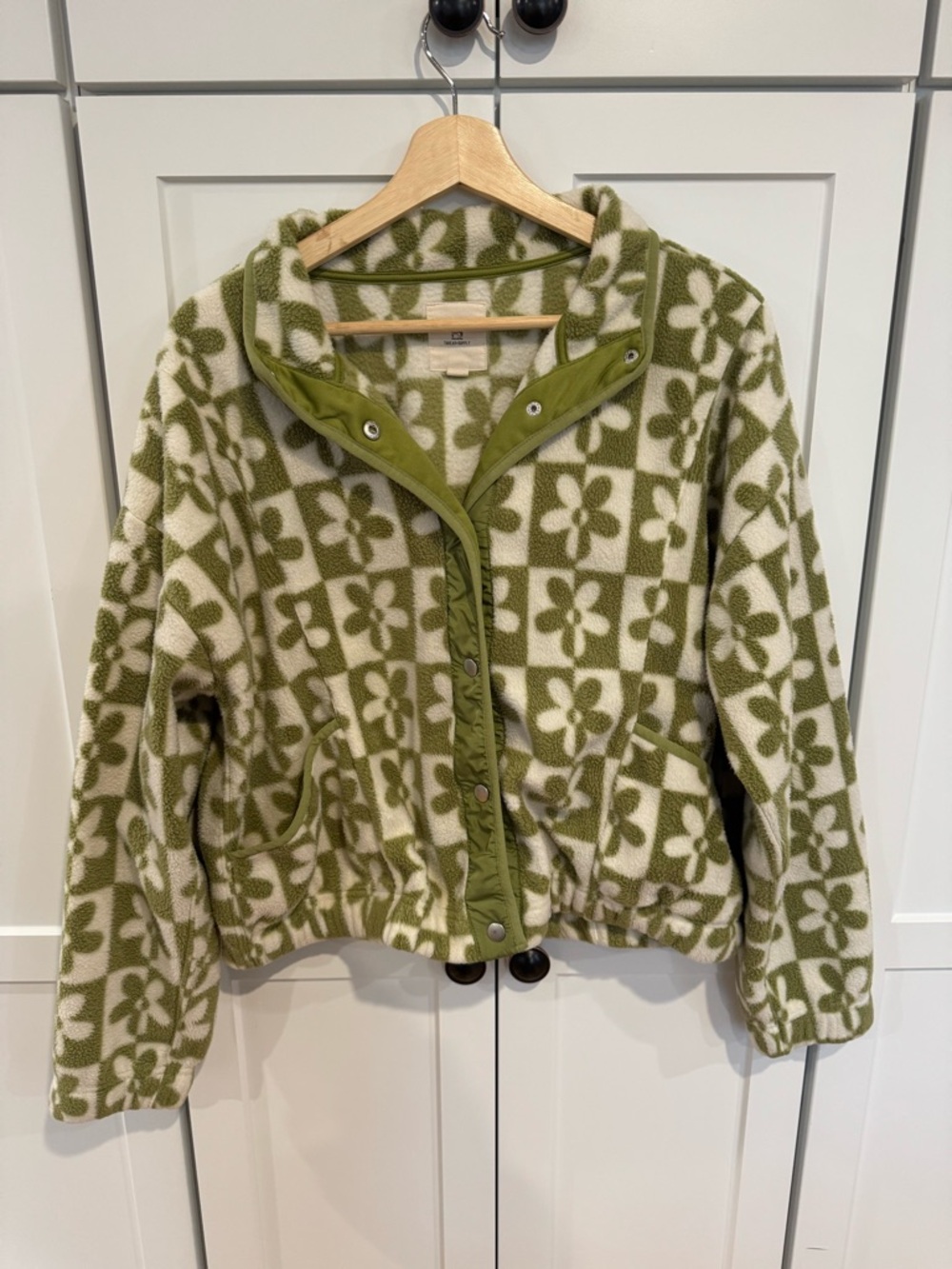 Thread & Supply Olive & Cream Floral Checkered Fleece Jacket